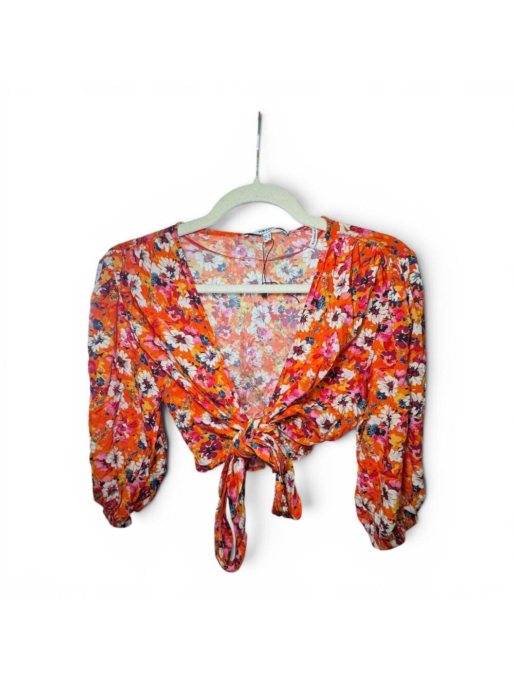 Koton Floral Orange 70s tie front v-neck crop top vintage inspired UK 12 EUC